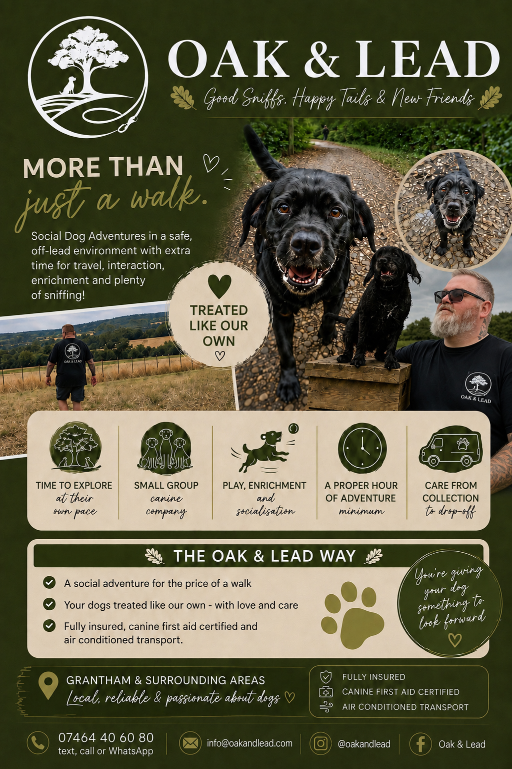 Phil with happy dogs on an Oak and Lead adventure